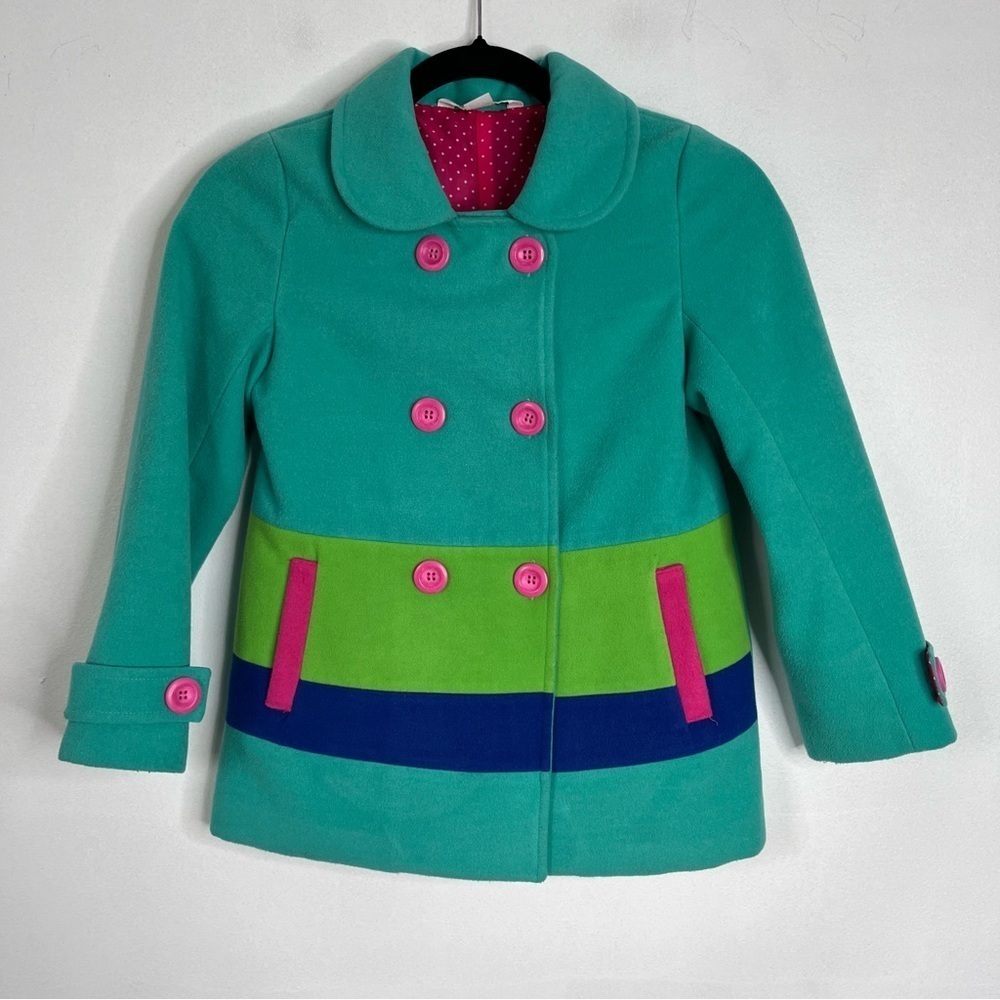 Garnet Hill Kids Double Breasted Colorblock Coat Green Pink Blue size 8